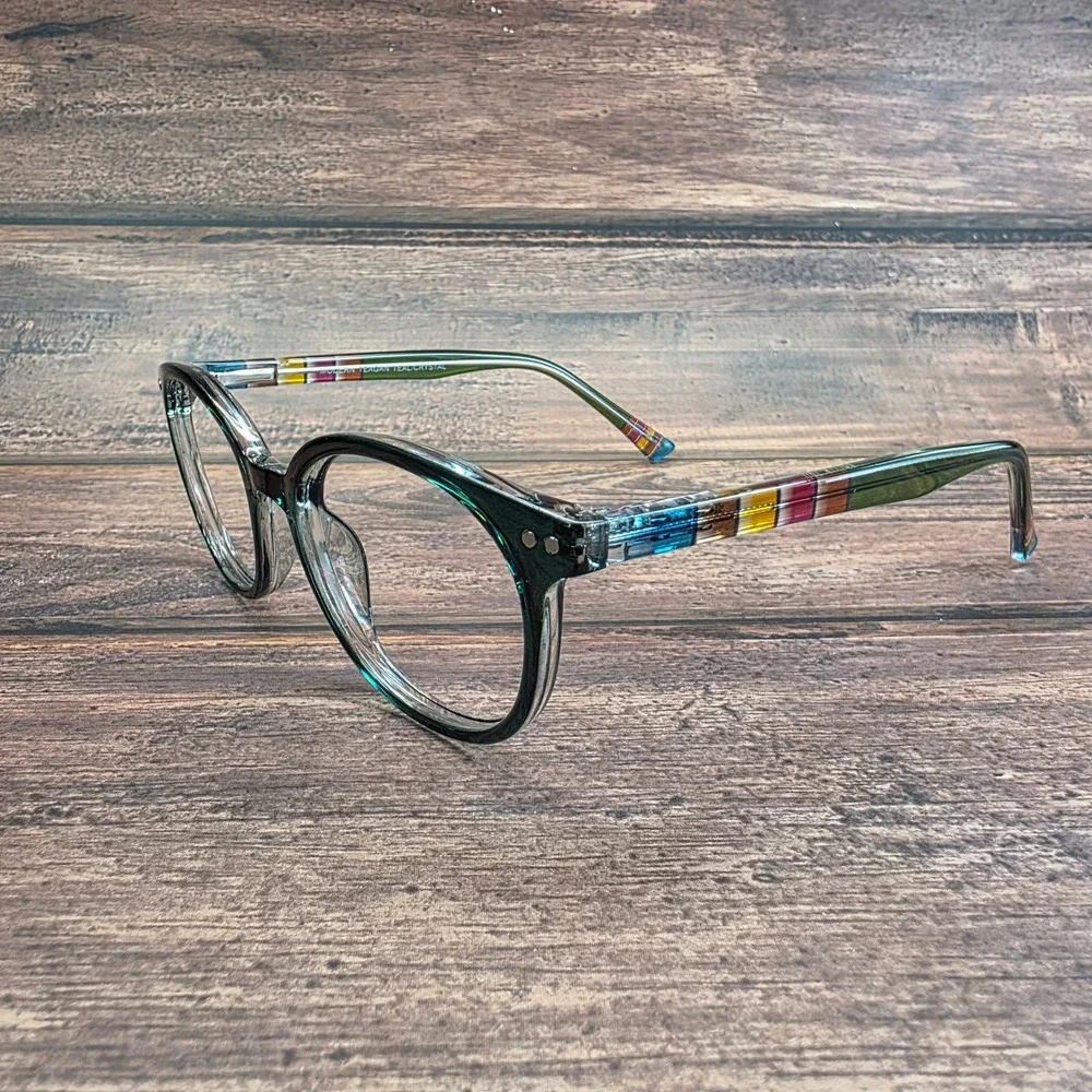Modern Teagan Teal Crystal Eyeglass Frames 49-18-140 Multi Color Striped Temples